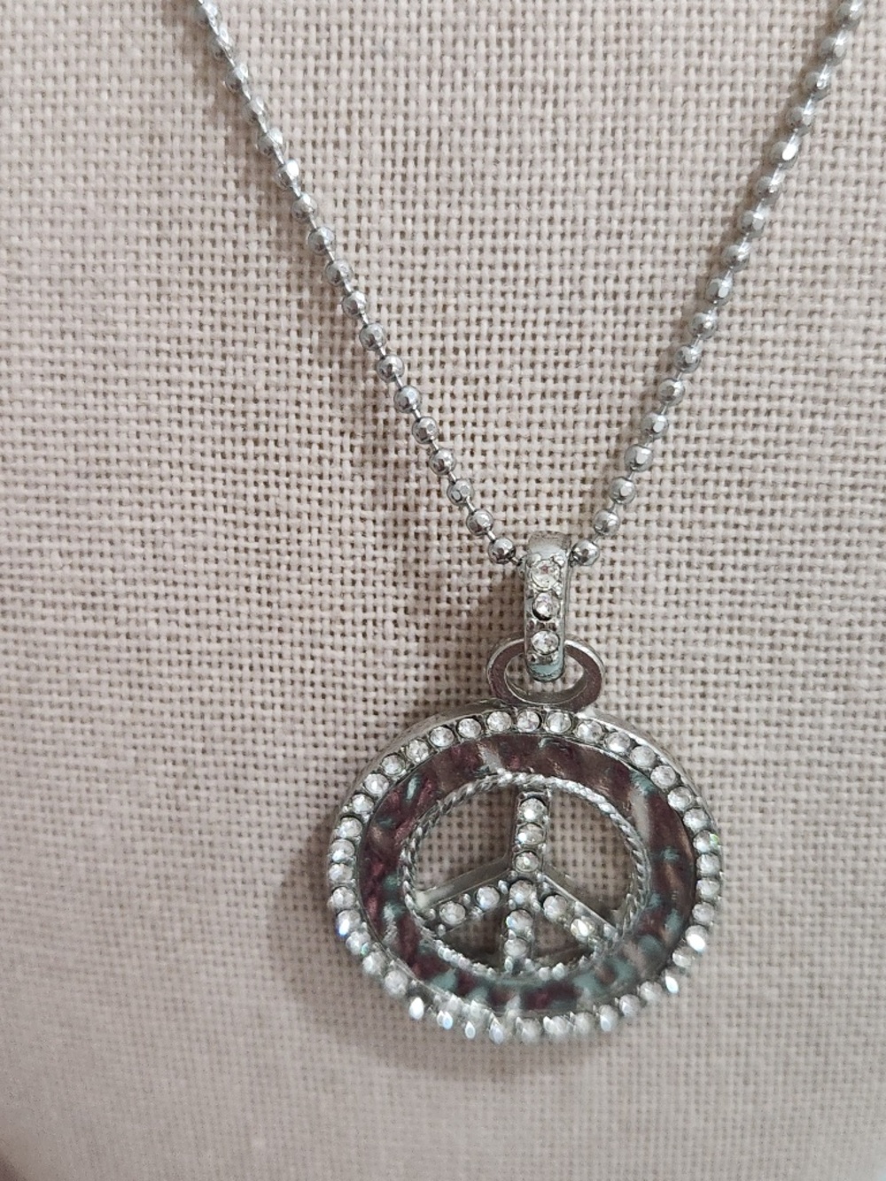 Lia Sophia Silver-tone Necklace Bead Chain Peace Sign Charm Pendant Pave